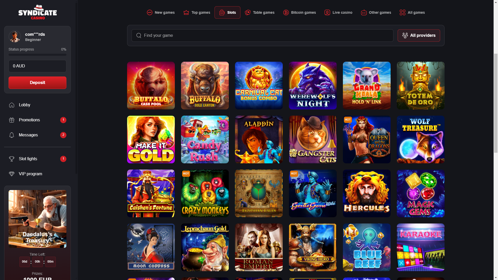 The available pokies at Syndicate casino
