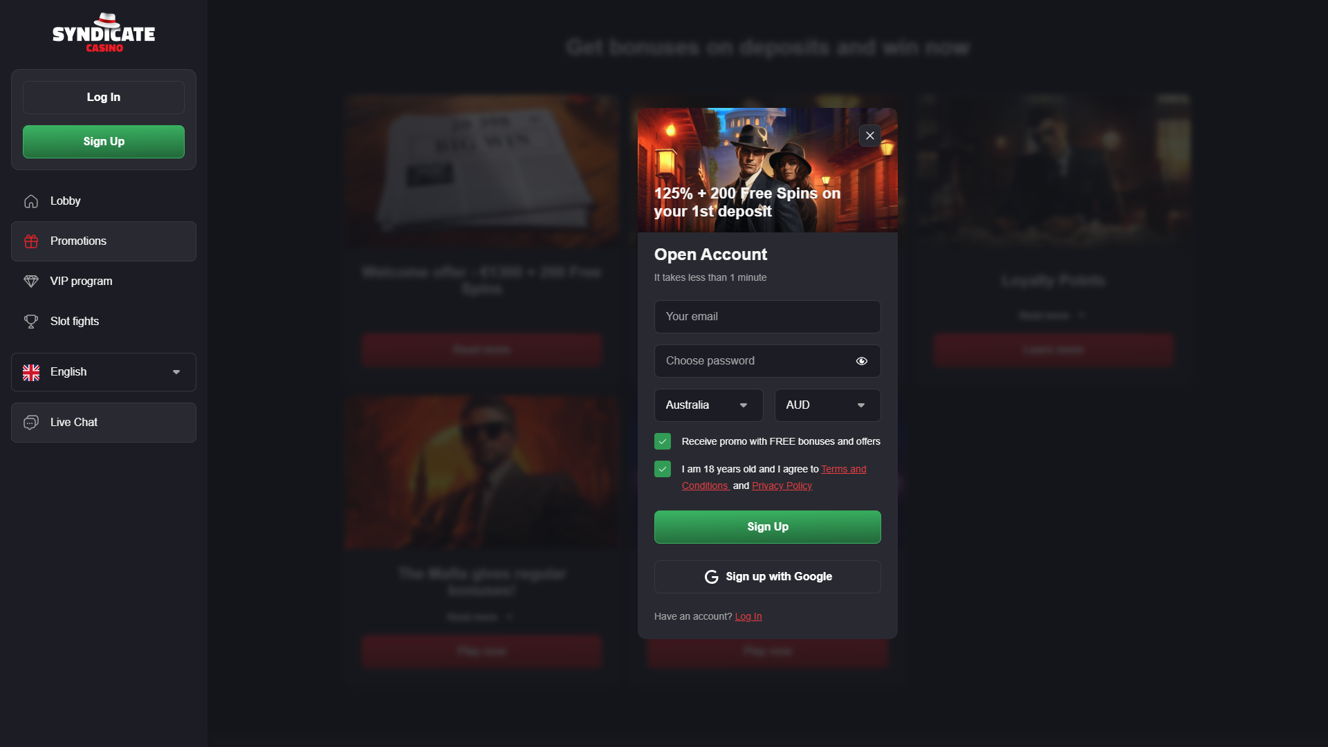 Syndicate casino registeration screen