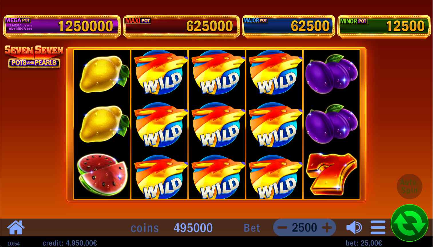 Screen display of seven seven pots and pearls with a screen full of wild symbols