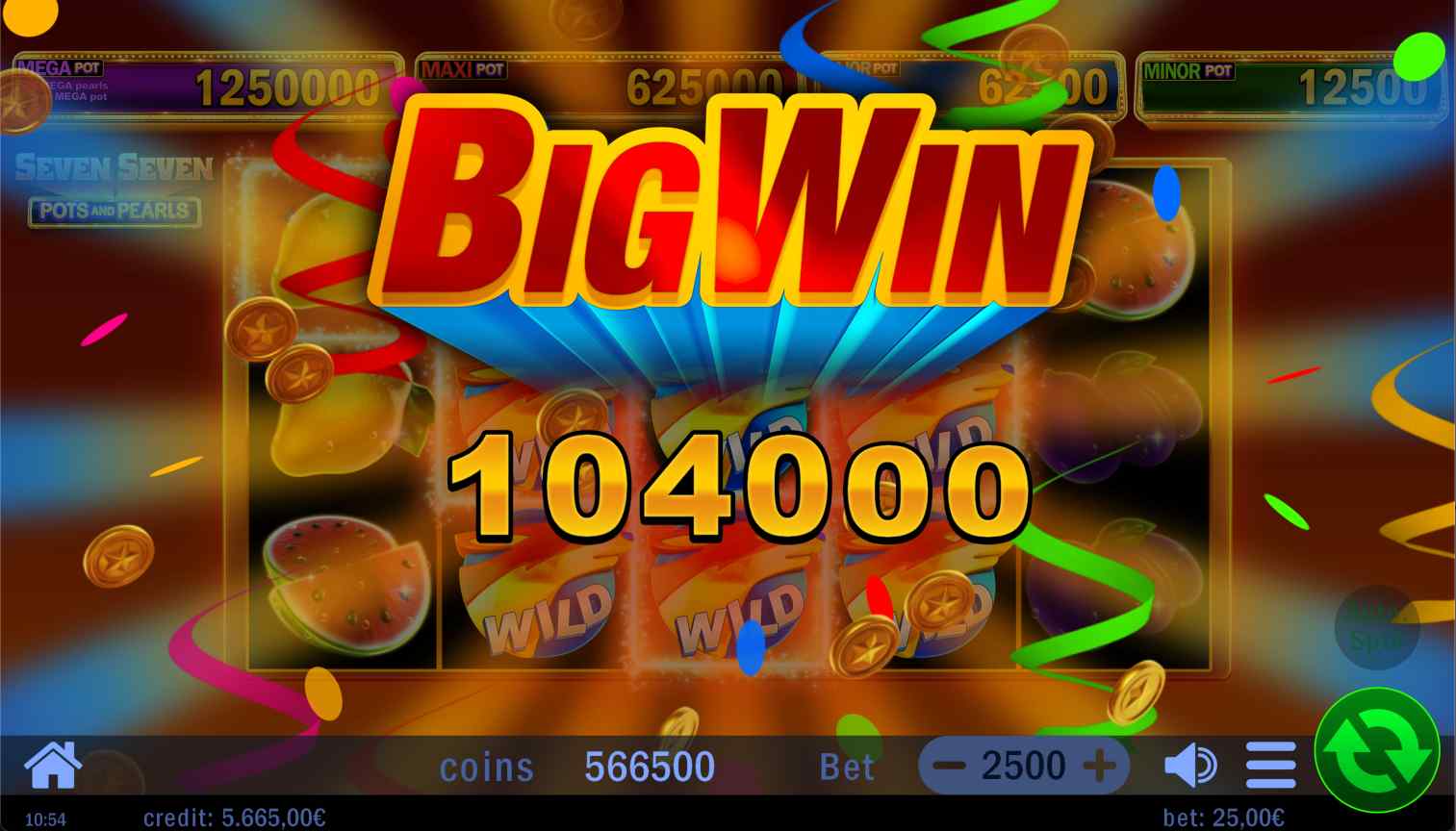 How a big win is displayed on screen in seven seven pots and pearls