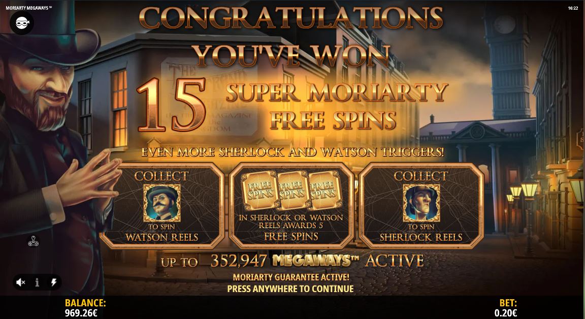 Moriarty Megaways Win 15 Free Spins screen