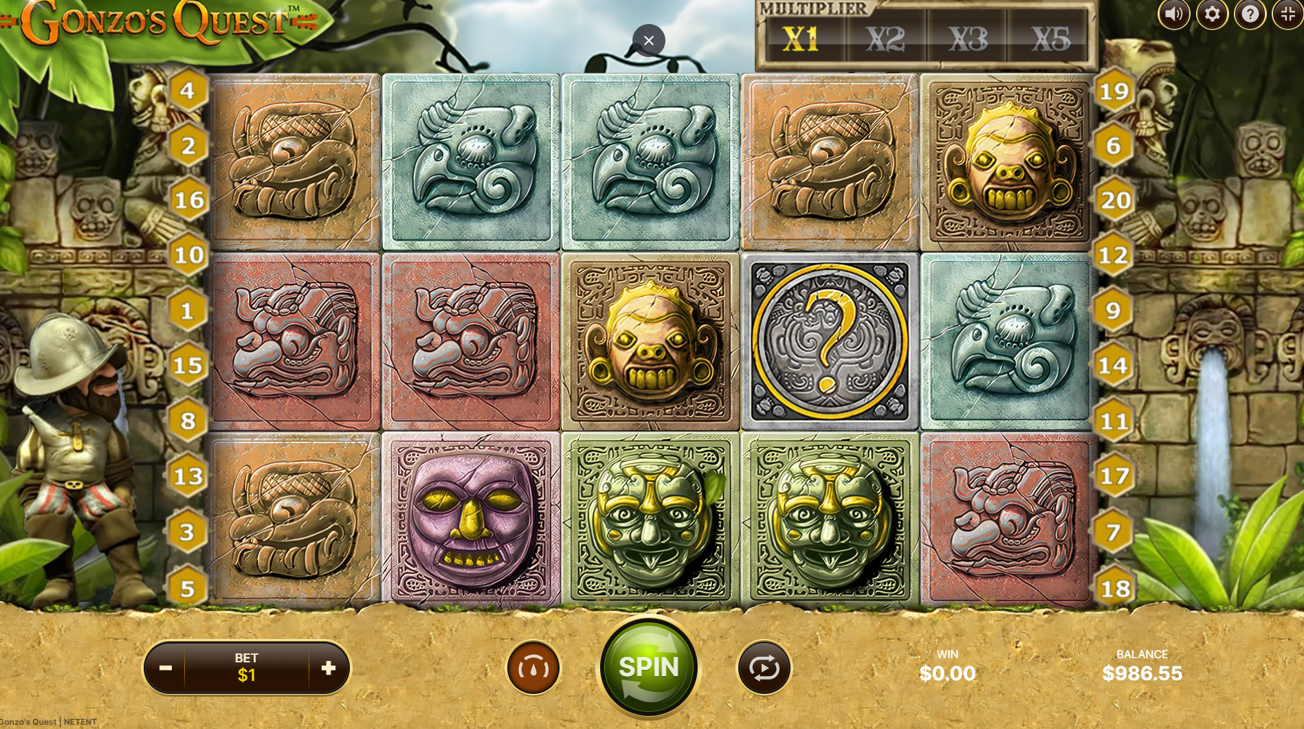 Gonzo's Quest online pokie by NetEnt grid
