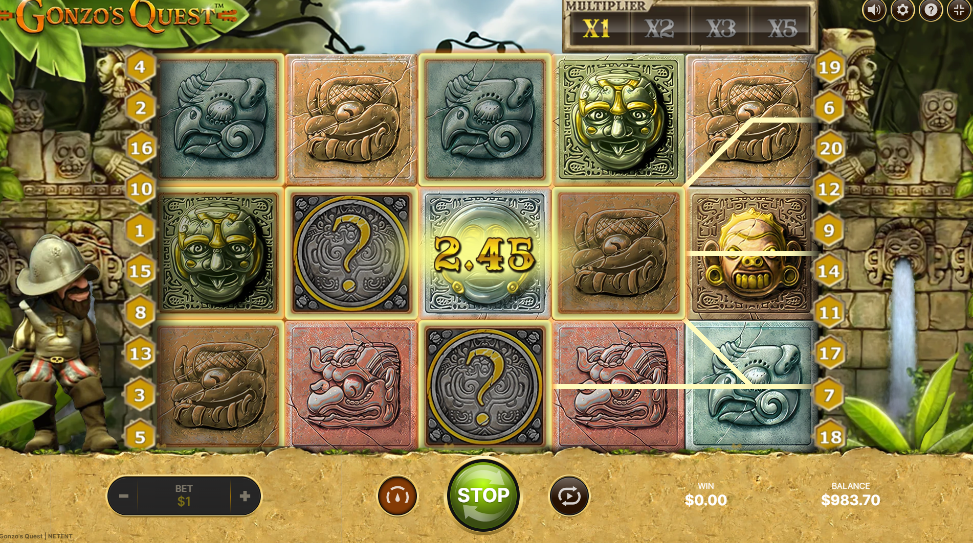 Gonzo's Quest online pokie by NetEnt gameplay view