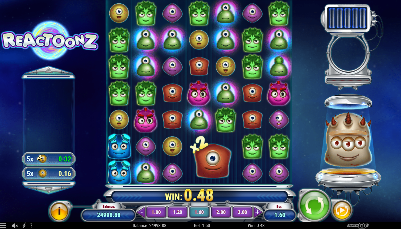 Reactoonz online pokie by Play N' Go gameplay view